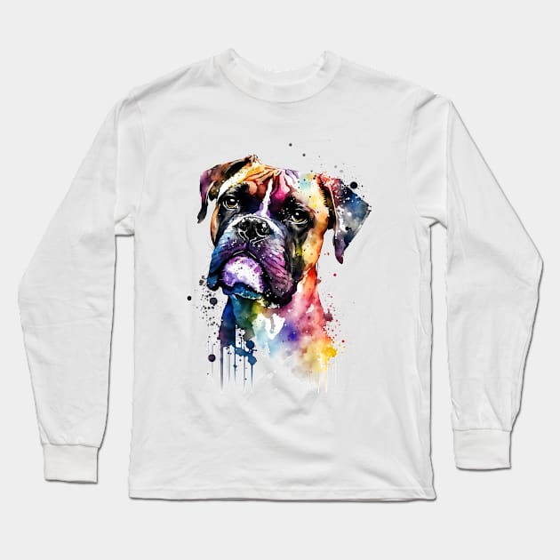 Rainbow Boxer Dog Watercolor Portrait Long Sleeve T-Shirt by doglovershirts